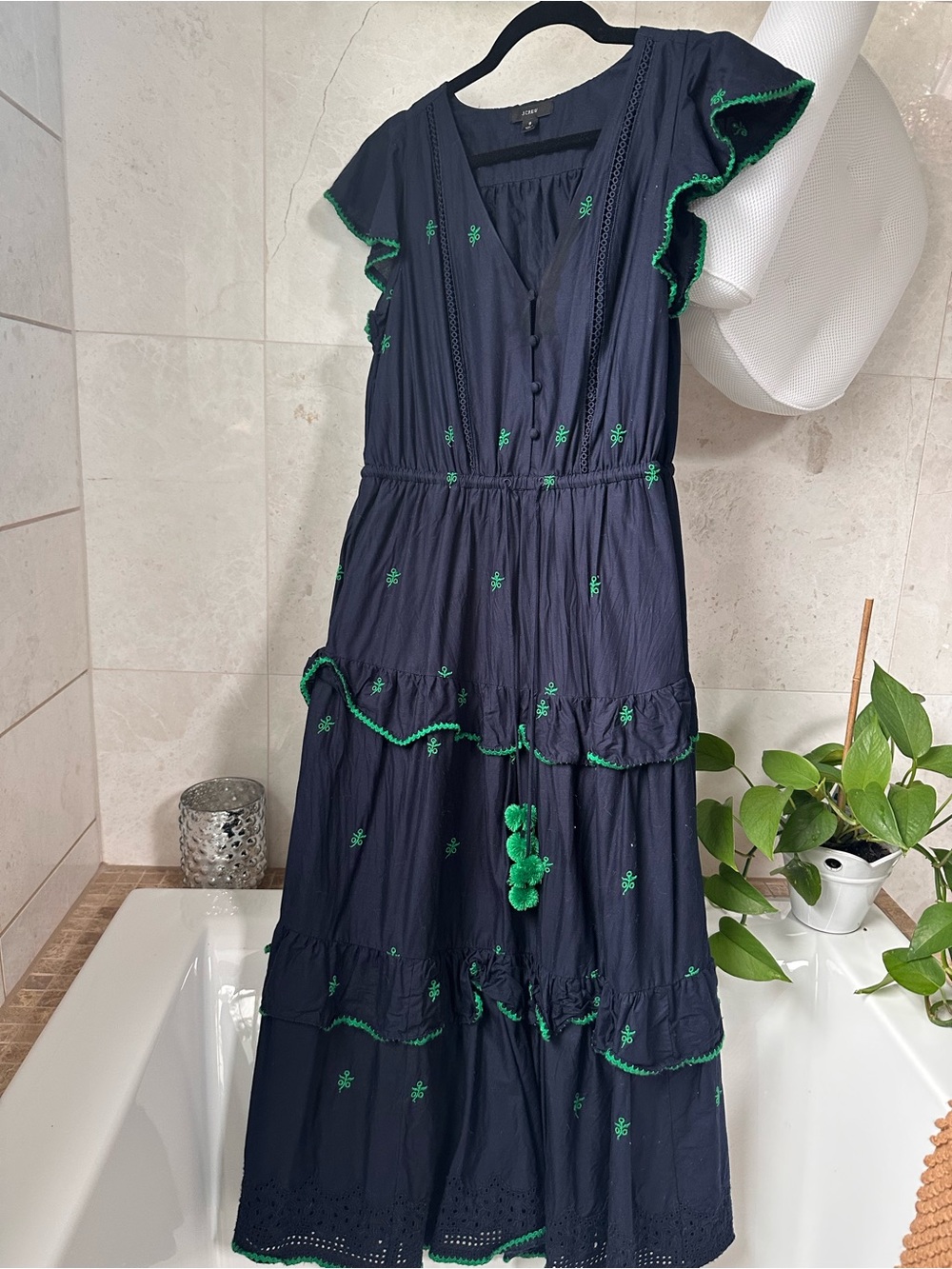 Women's Navy Midi Dress with Green Embroidery